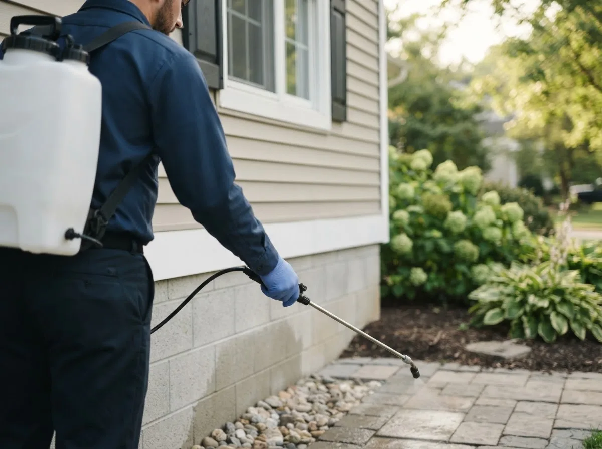 Pest control technician inspecting a home in Prairie Home, MO